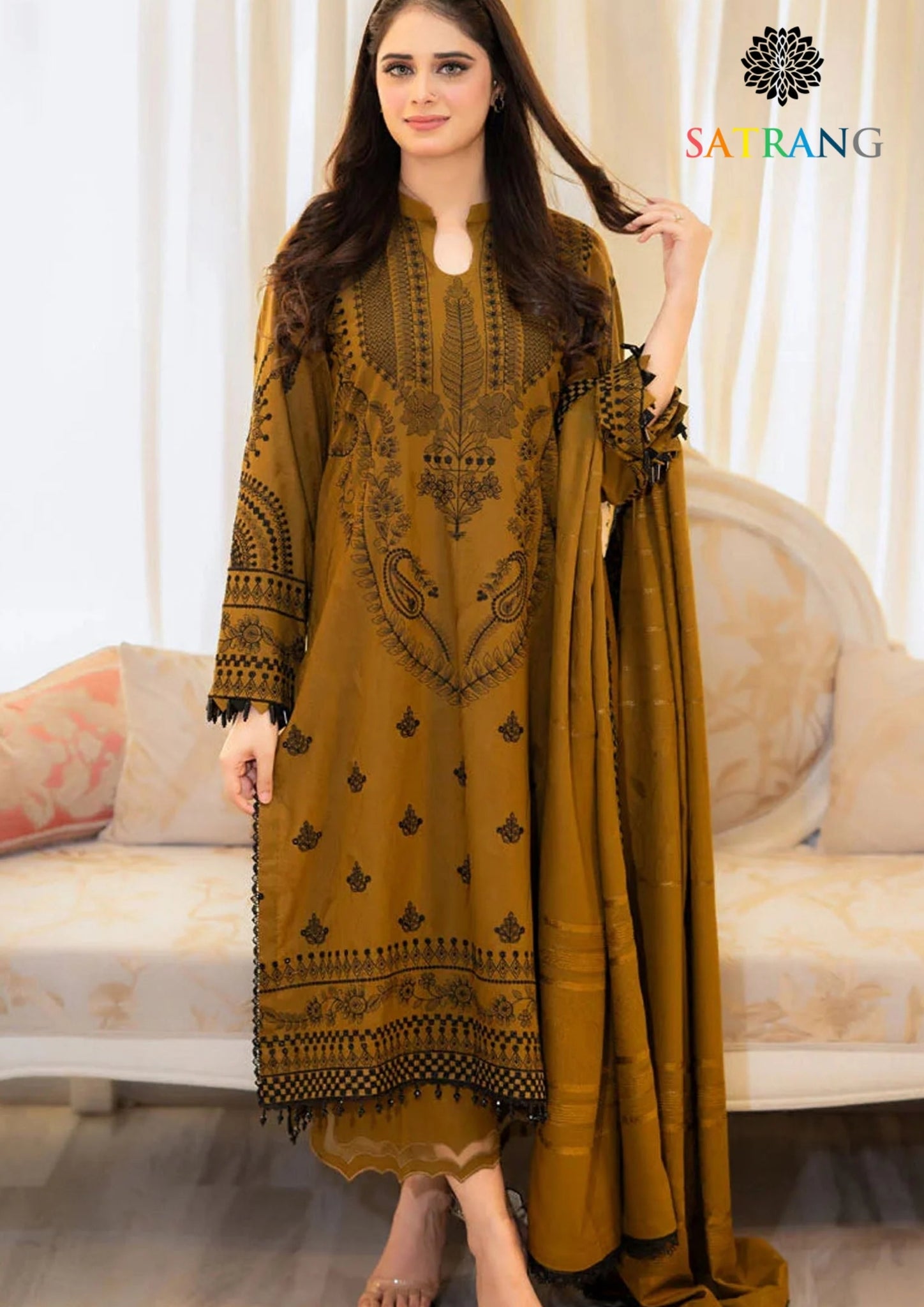 Winter Unstitched 3PCs Embroidered Dhanak Dress With Dhanak Embroidered Shawl SR-598