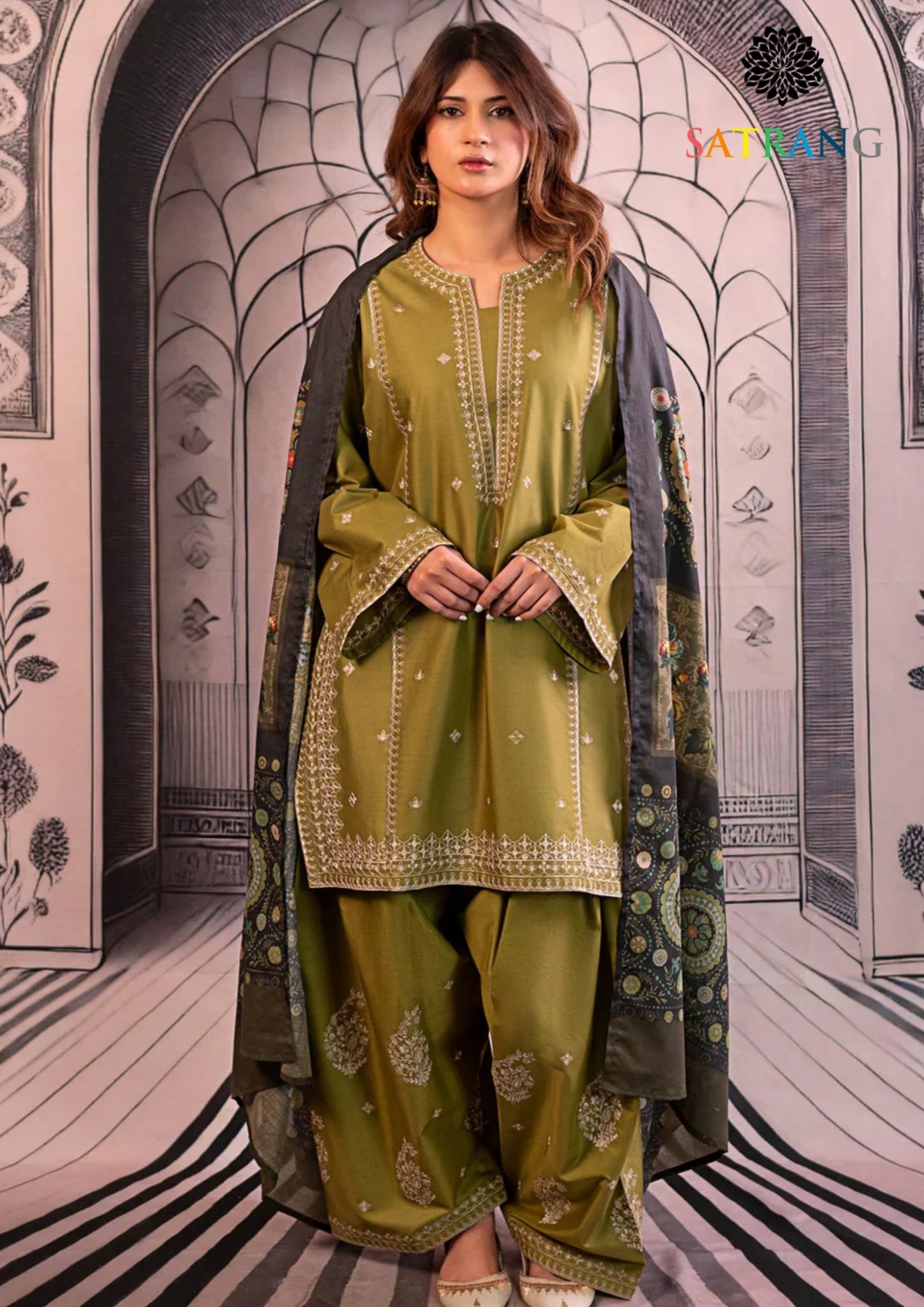 Winter Unstitched 3PCs Embroidered Dhanak Dress With Digital Printed Karandi Shawl SR-623