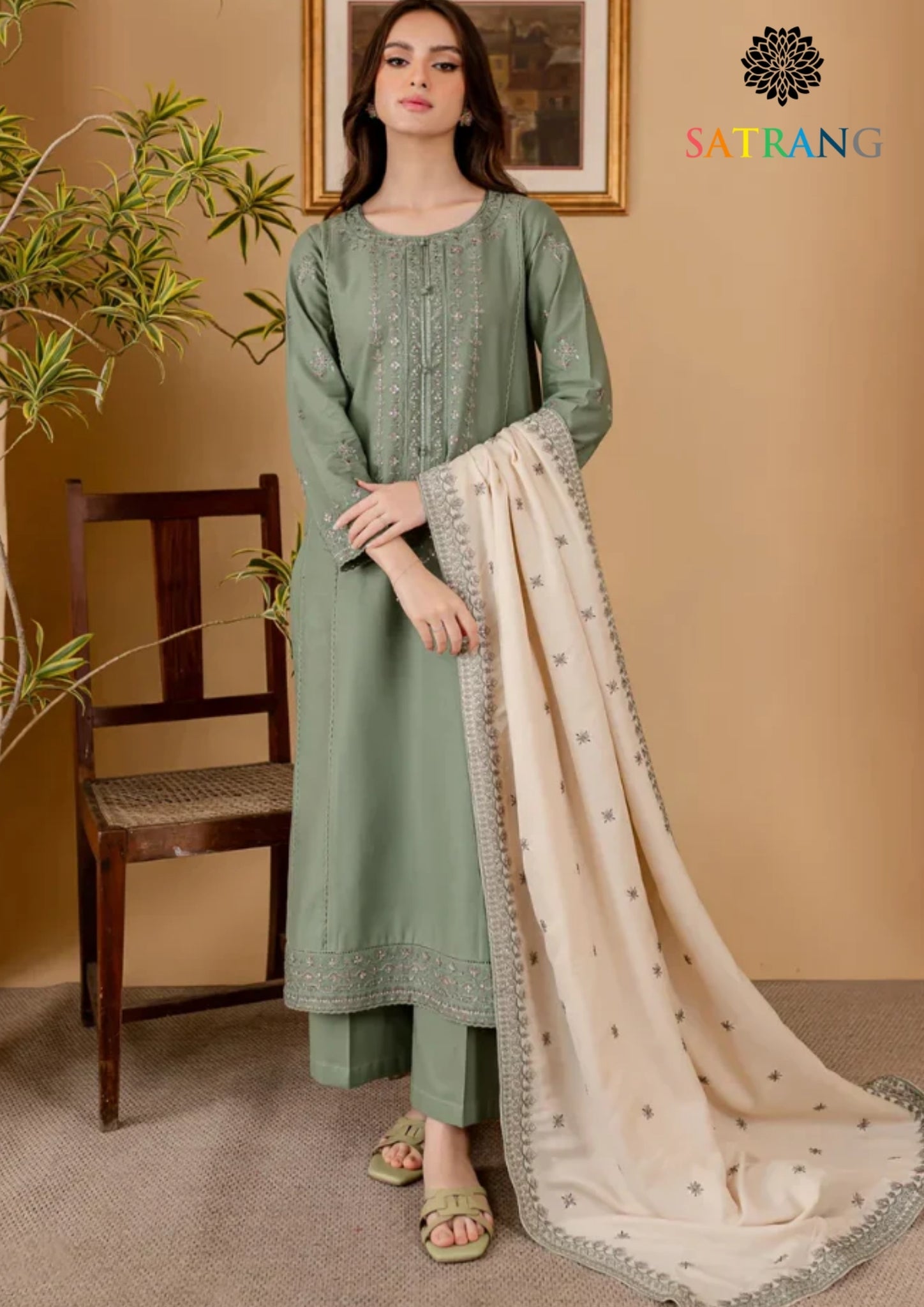 Winter Unstitched 3PCs Embroidered Dhanak Dress With Dhanak Embroidered Shawl SR-625