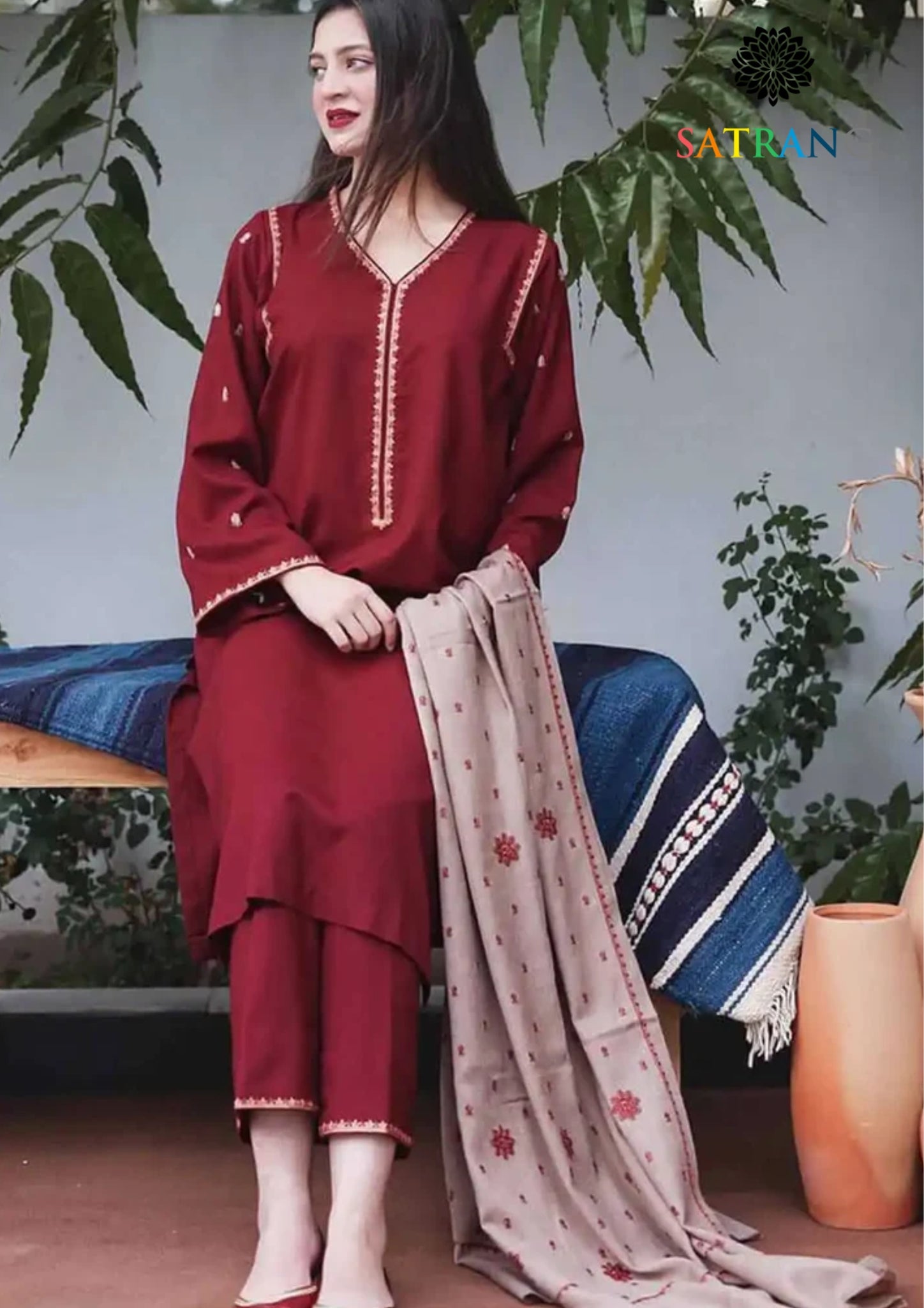 Winter Unstitched 3PCs Embroidered Dhanak Dress With Embroidered Dhanak Shawl SR-651