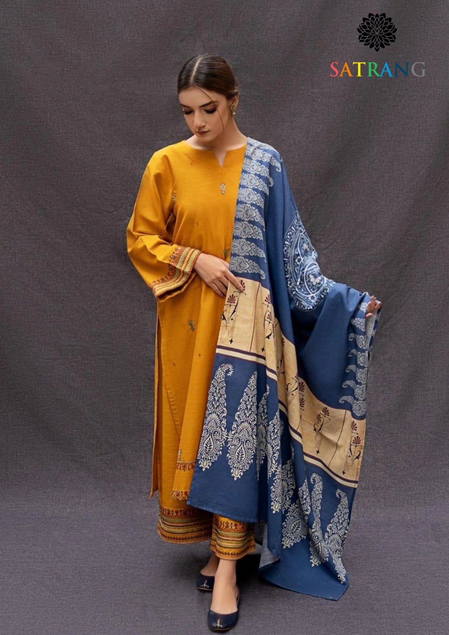 Winter Unstitched 3PCs Embroidered Dhanak Dress With Digital Printed Karandi Shawl SR-658