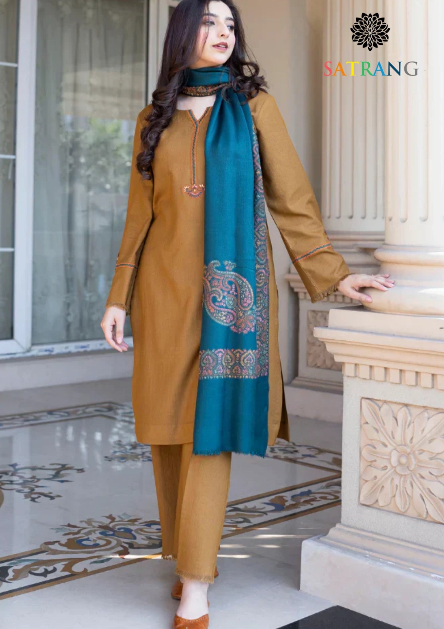 Winter Unstitched 3PCs Embroidered Dhanak Dress With Digital Printed Karandi Shawl SR-669