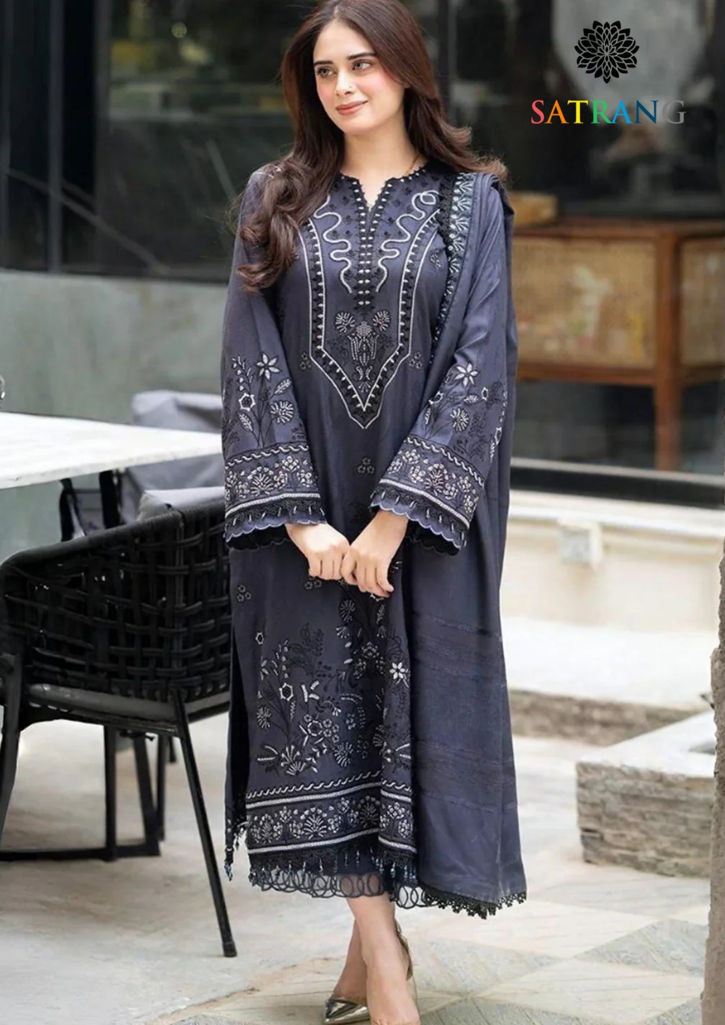 Winter Unstitched 3PCs Embroidered Dhanak Dress With Embroidered Dhanak Shawl SR-673