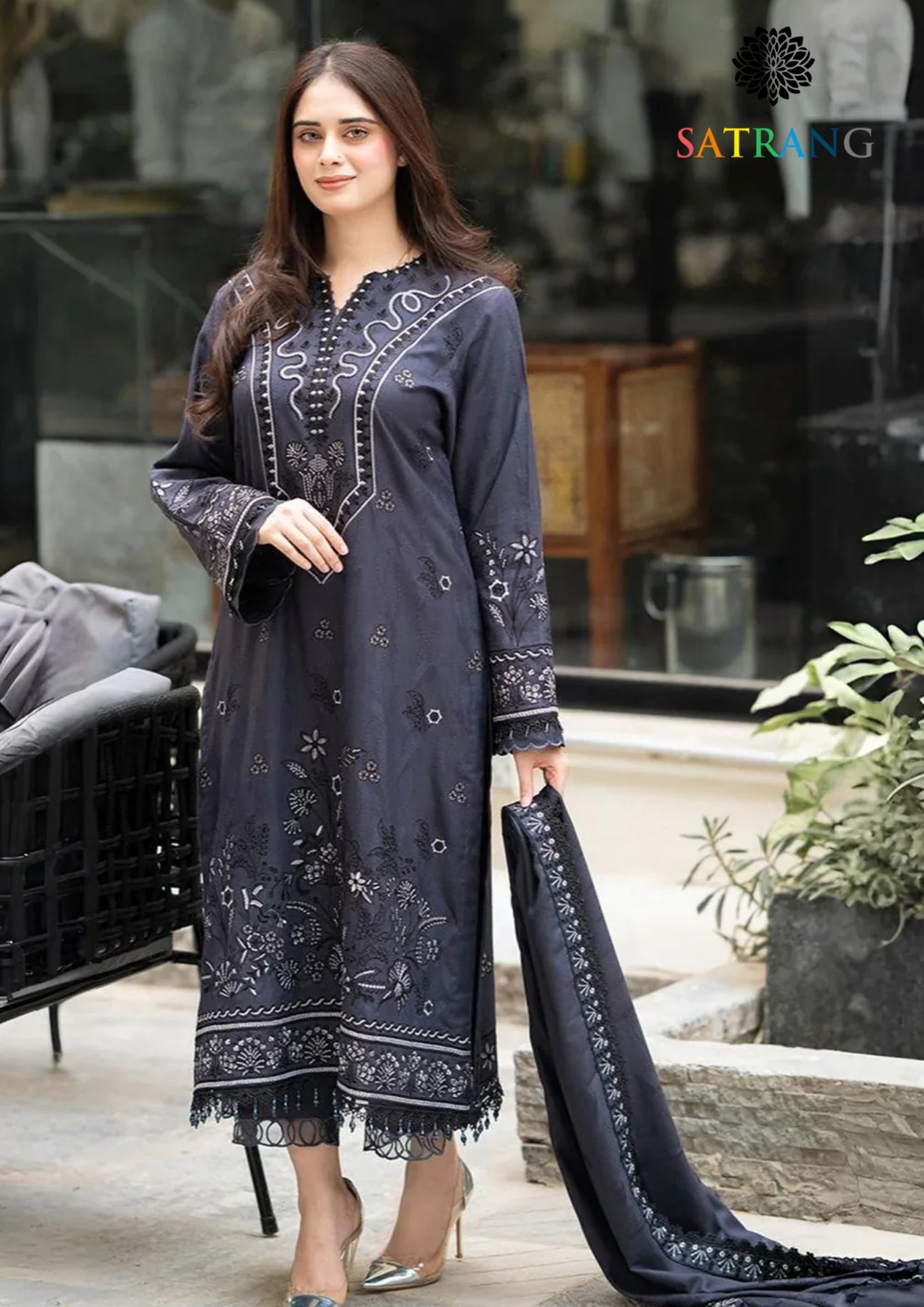 Winter Unstitched 3PCs Embroidered Dhanak Dress With Embroidered Dhanak Shawl SR-673