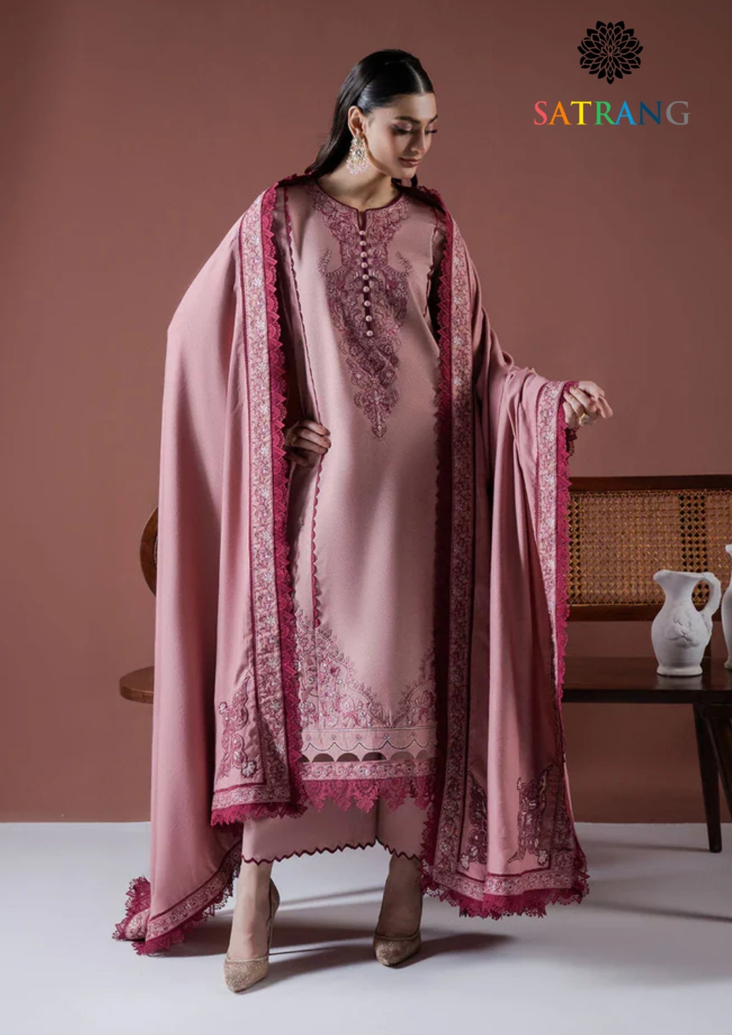 Winter Unstitched 3PCs Embroidered Dhanak Dress With Embroidered Dhanak Shawl SR-675