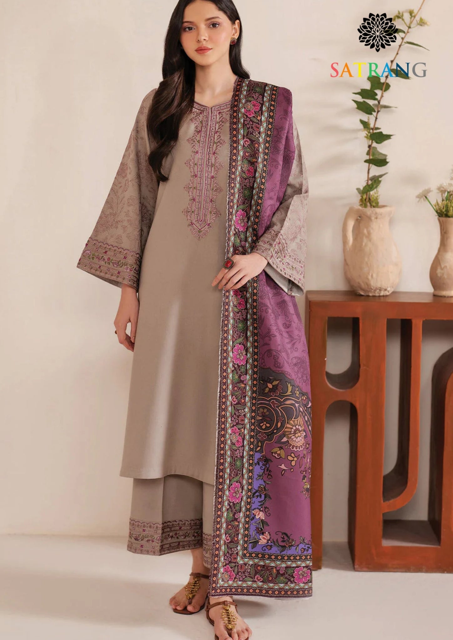 Winter Unstitched 3PCs Embroidered Dhanak Dress With Digital Printed Karandi Shawl SR-678
