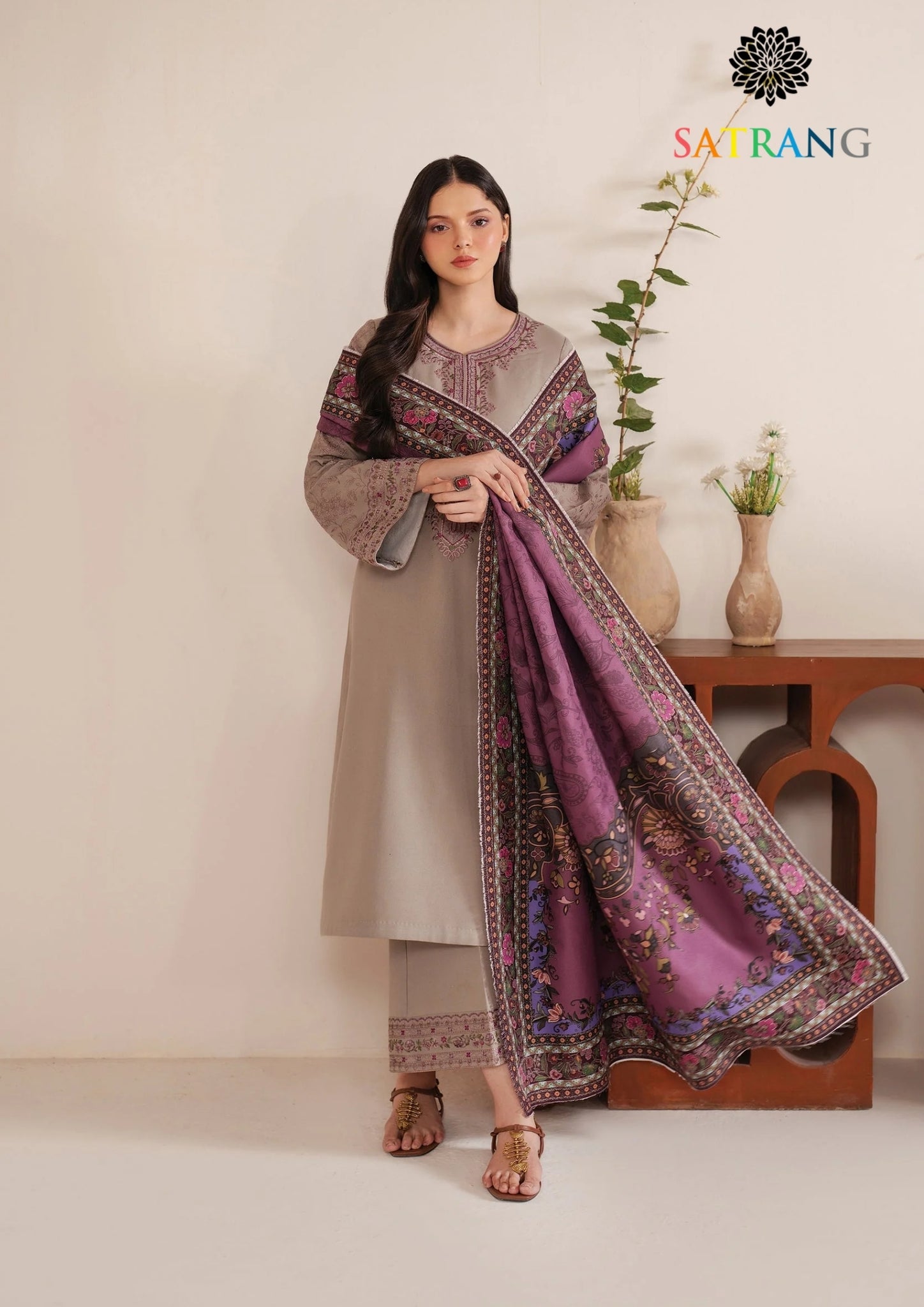 Winter Unstitched 3PCs Embroidered Dhanak Dress With Digital Printed Karandi Shawl SR-678