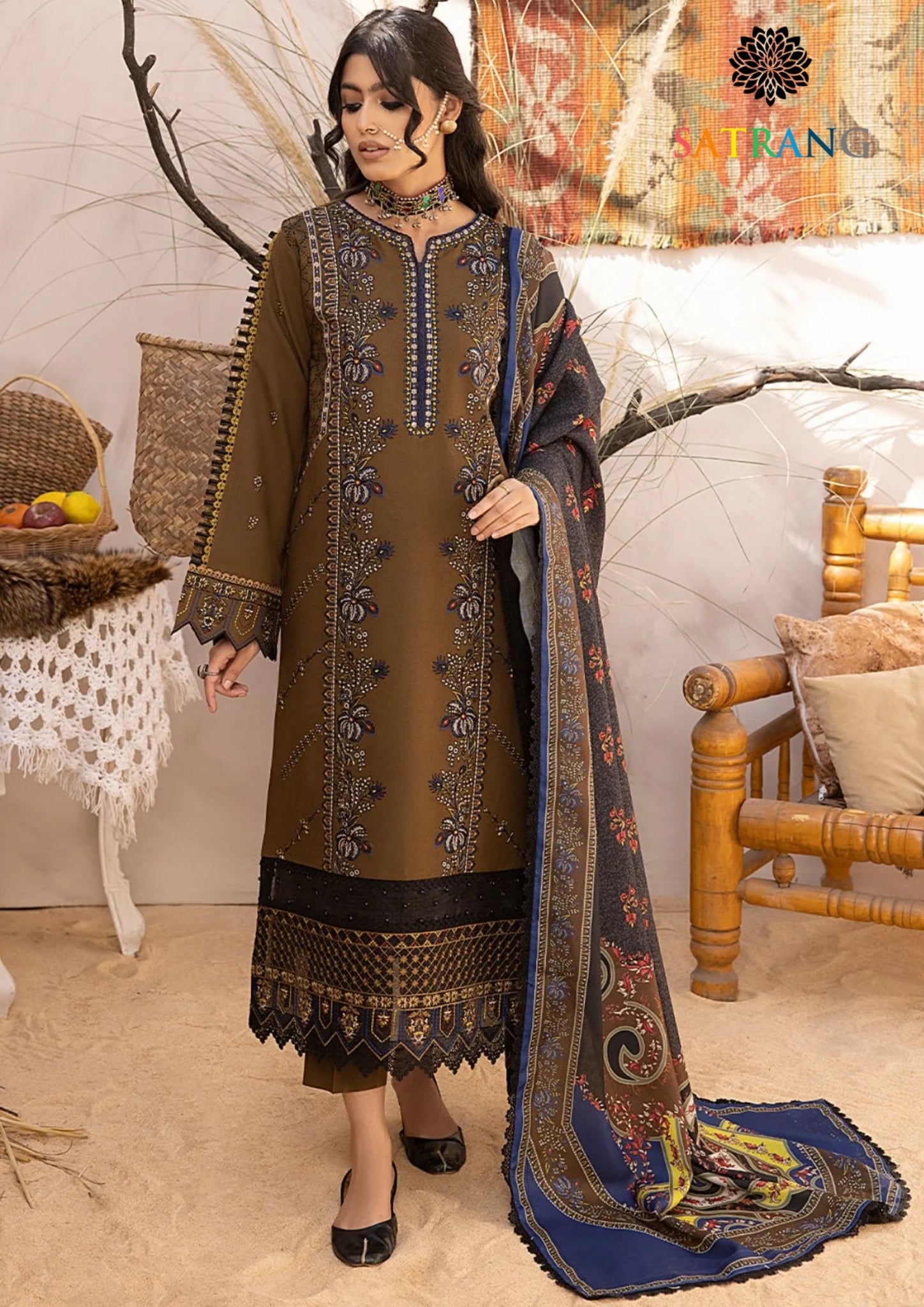 Winter Unstitched 3PCs Embroidered Dhanak Dress With Digital Printed Karandi Shawl SR-682