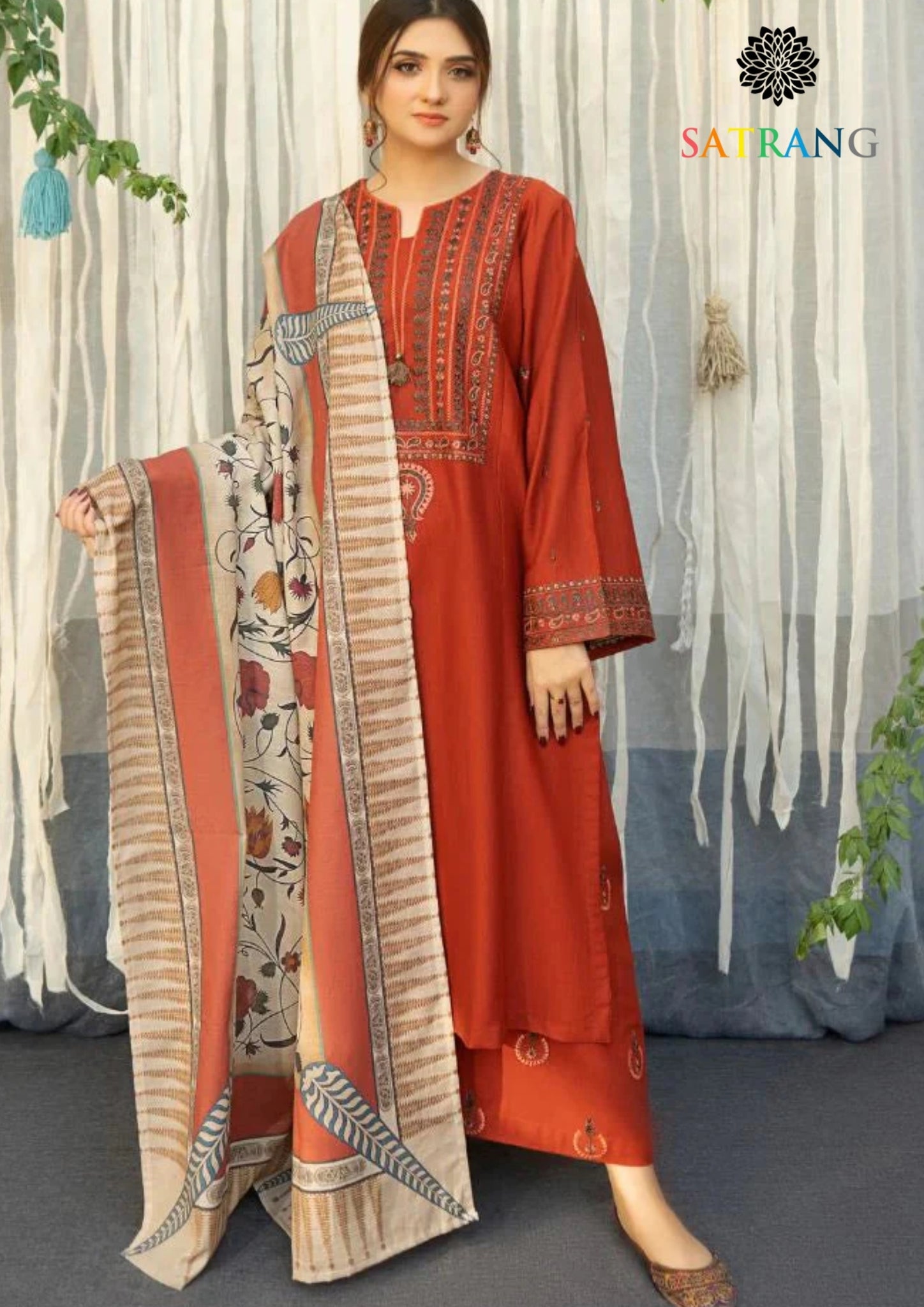 Winter Unstitched 3PCs Embroidered Dhanak Dress With Digital Printed Karandi Shawl SR-563