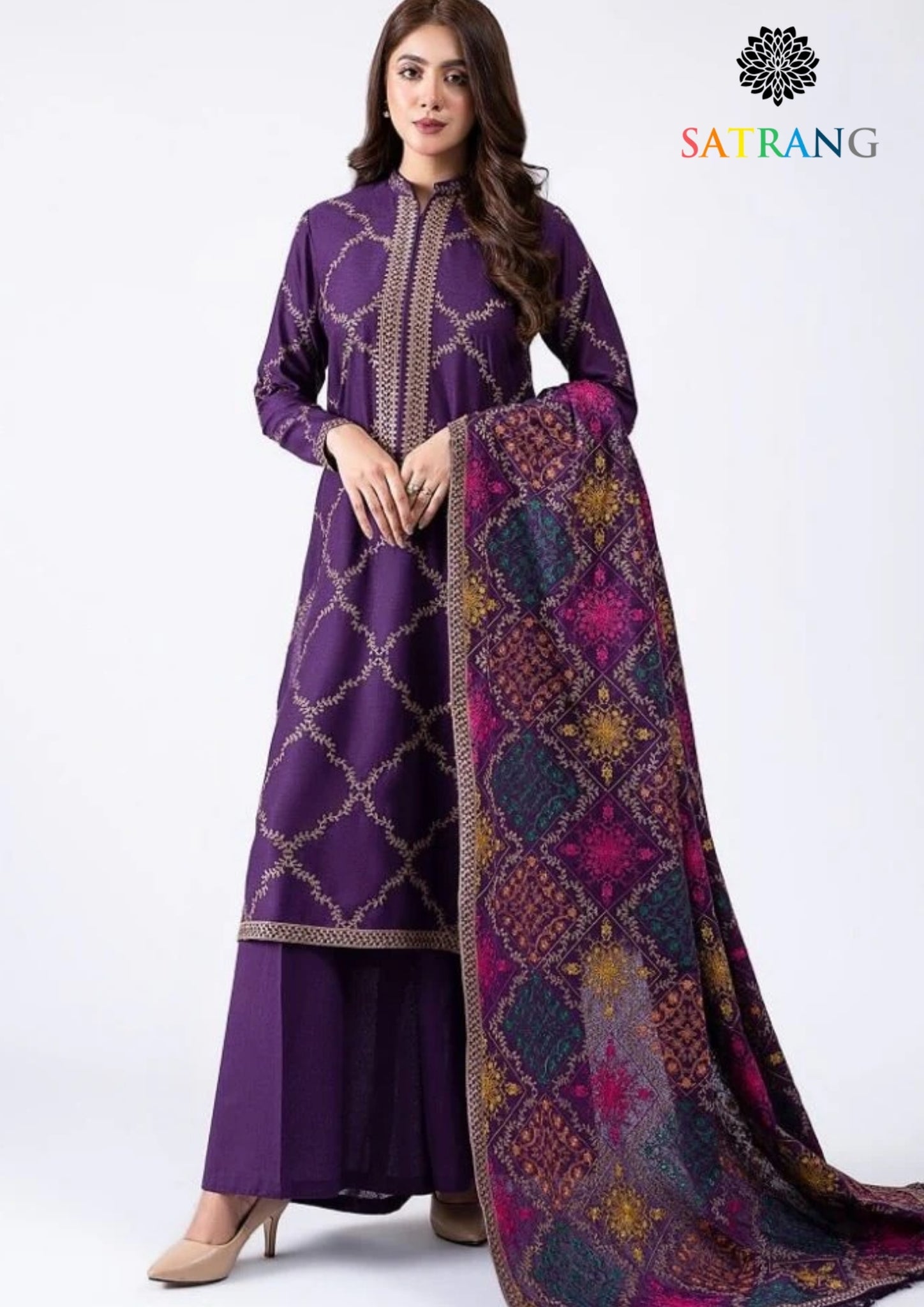 Winter Unstitched 3PCs Embroidered Dhanak Dress With Heavy Embroidered Dhanak Shawl SR-571