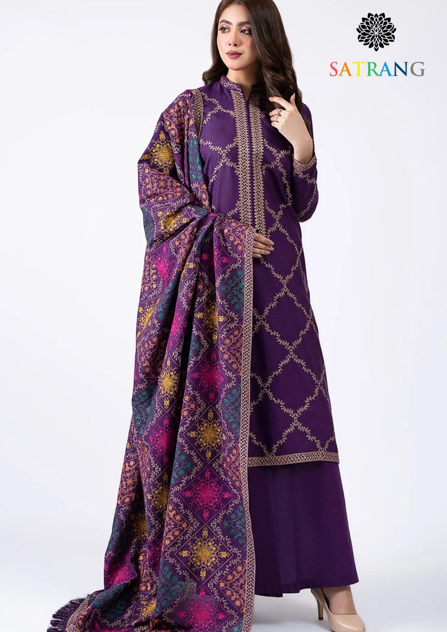Winter Unstitched 3PCs Embroidered Dhanak Dress With Heavy Embroidered Dhanak Shawl SR-571
