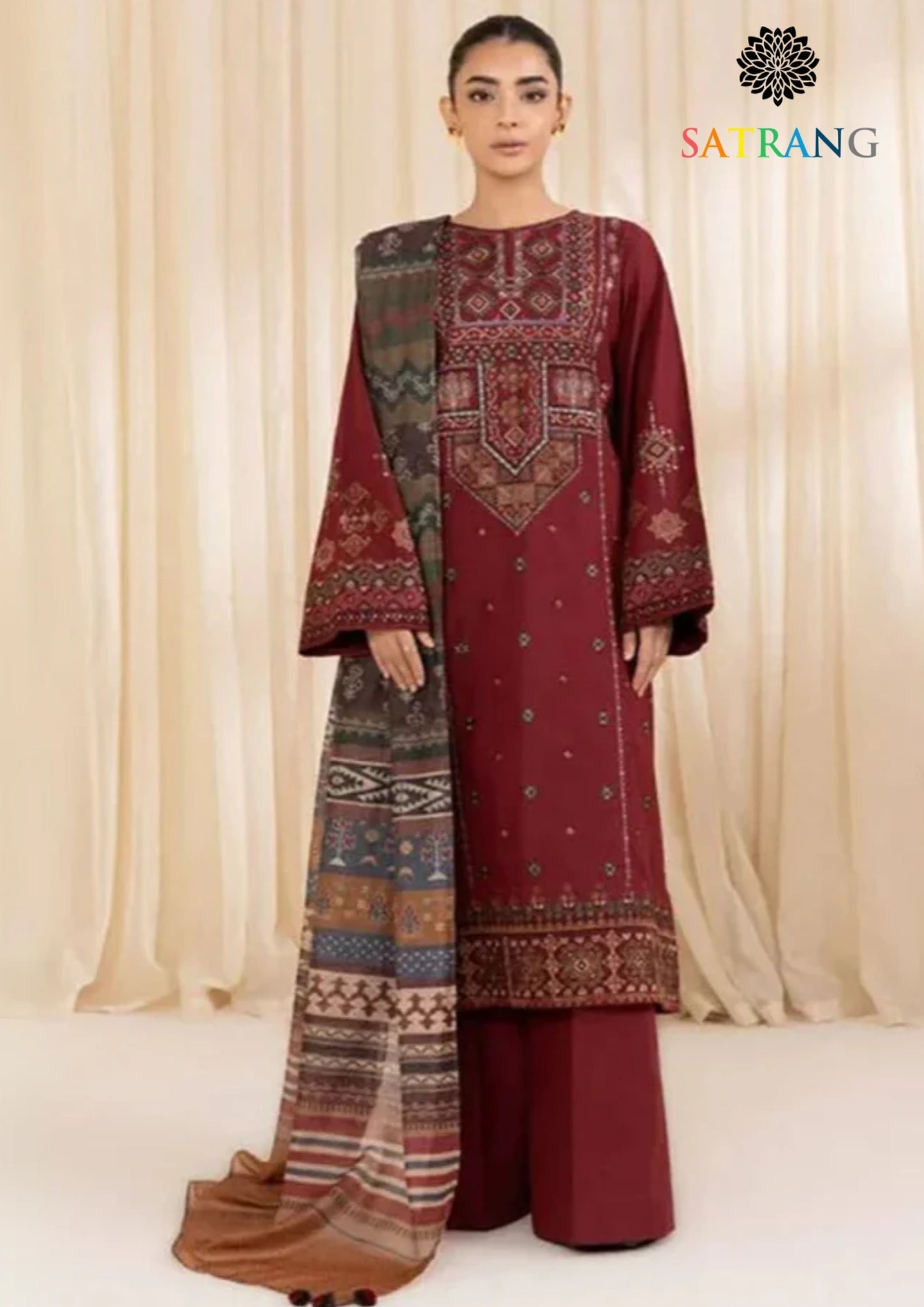 Winter Unstitched 3PCs Embroidered Dhanak Dress With Digital Printed Karandi Shawl SR-600