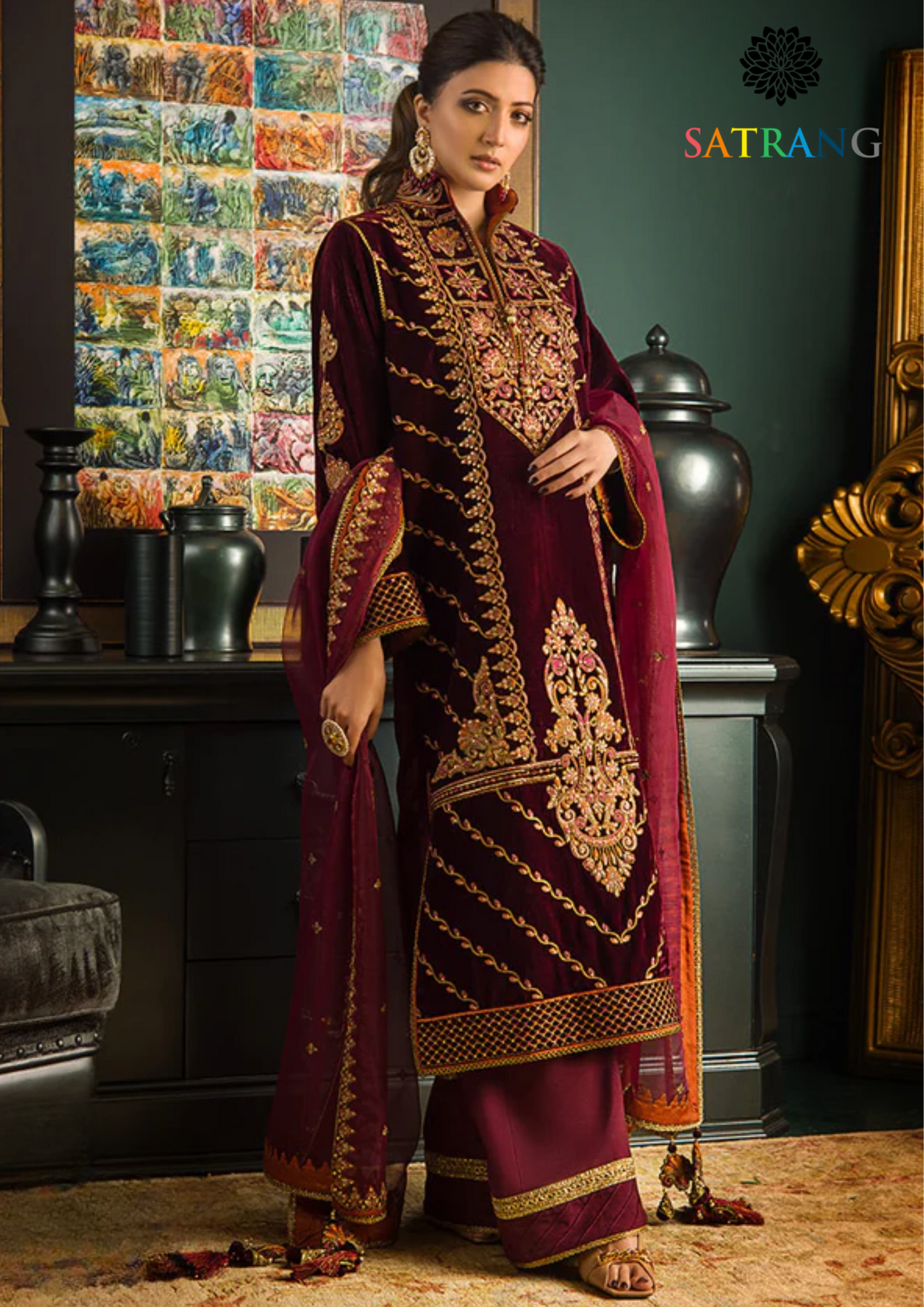 Winter Unstitched 3PCs Embroidered Velvet Dress With Embroidered Organza Dupatta SR-608