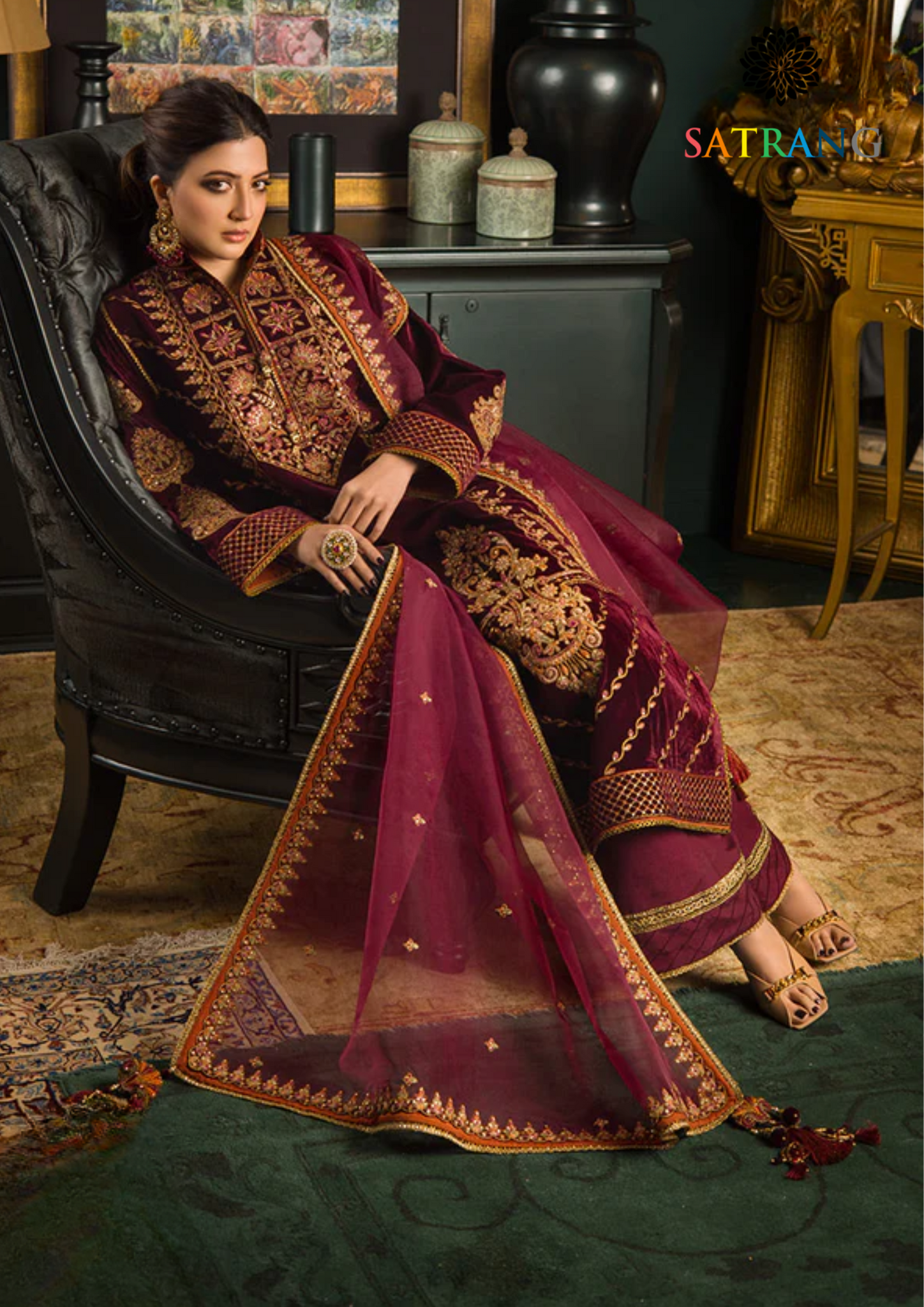 Winter Unstitched 3PCs Embroidered Velvet Dress With Embroidered Organza Dupatta SR-608