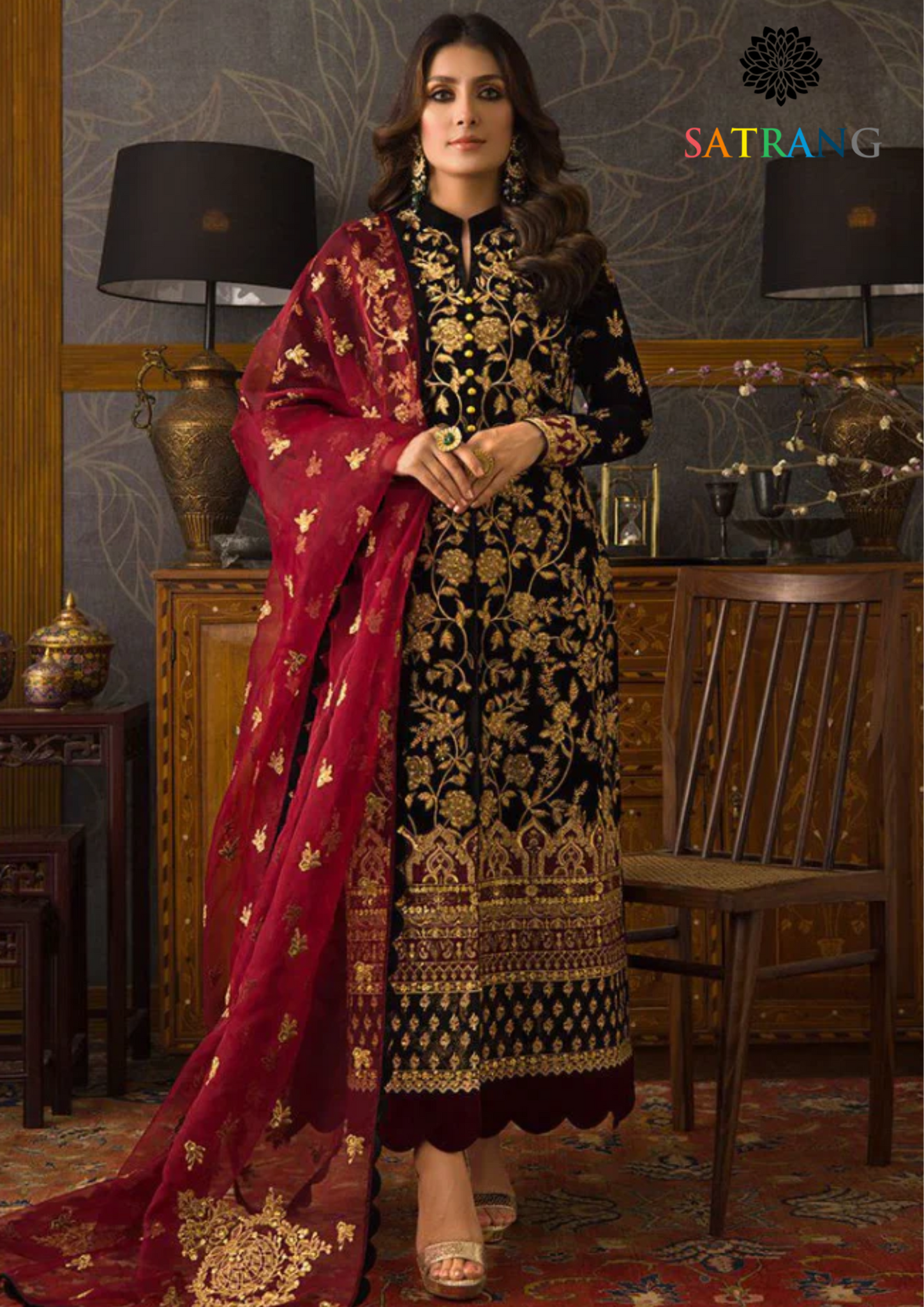 Winter Unstitched 3PCs Embroidered Velvet Dress With Embroidered Organza Dupatta SR-618