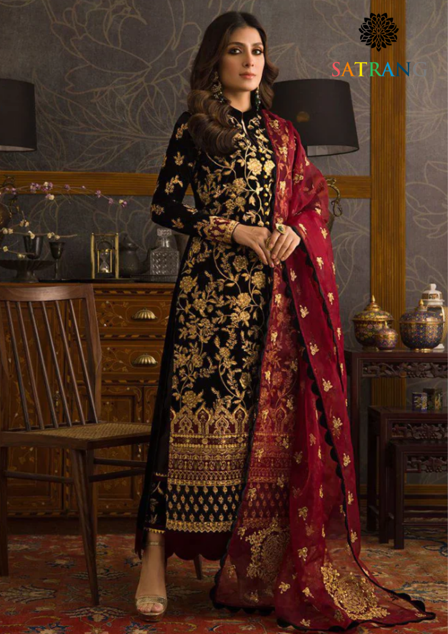 Winter Unstitched 3PCs Embroidered Velvet Dress With Embroidered Organza Dupatta SR-618