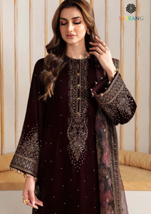 Winter Unstitched 3PCs Velvet Embroidered Dress With Embroidered Organza Dupatta SR-753