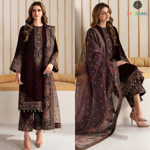 Winter Unstitched 3PCs Velvet Embroidered Dress With Embroidered Organza Dupatta SR-753