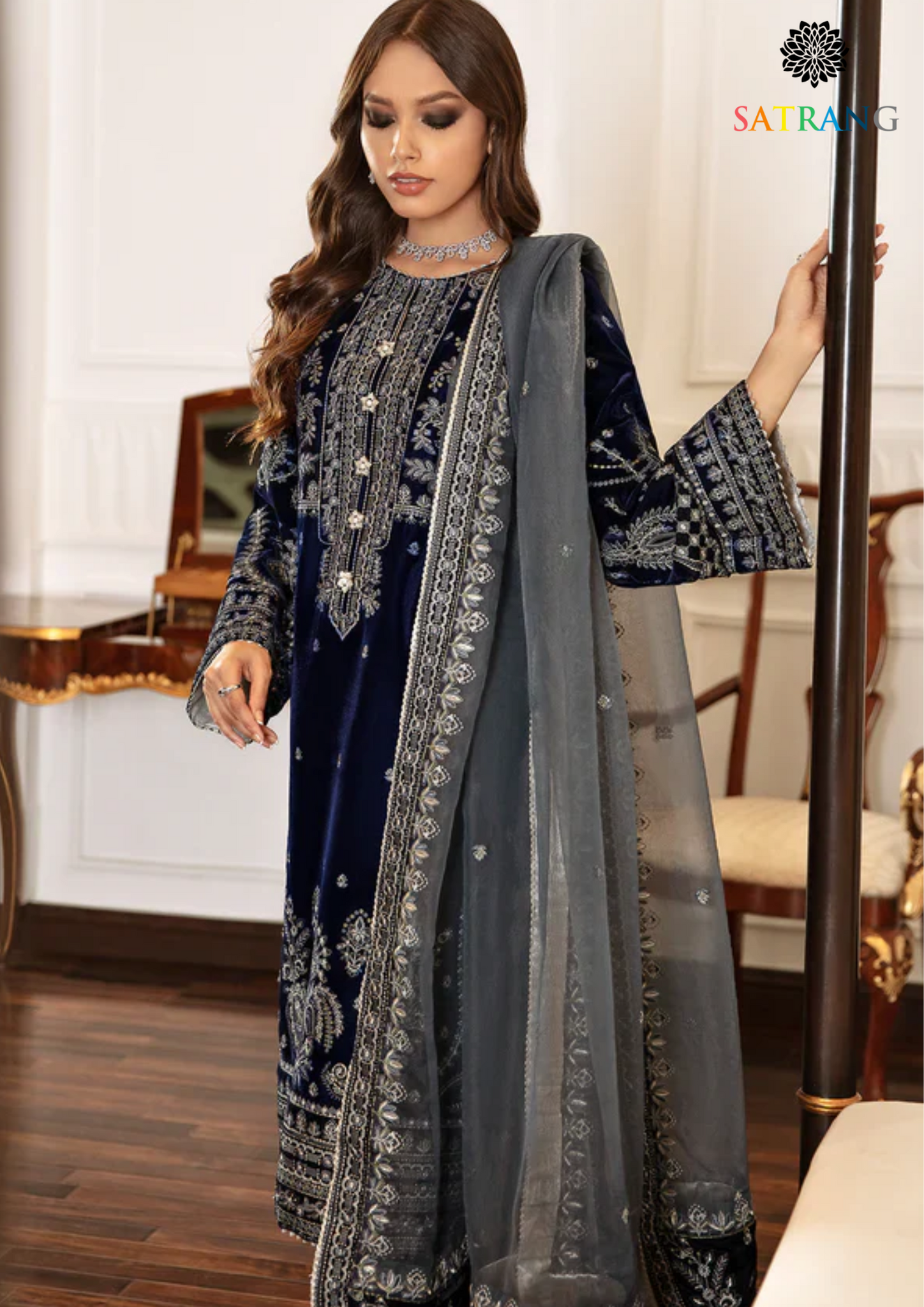 Winter Unstitched 3PCs Embroidered Velvet Dress With Shamooz Silk Trouser SR-511