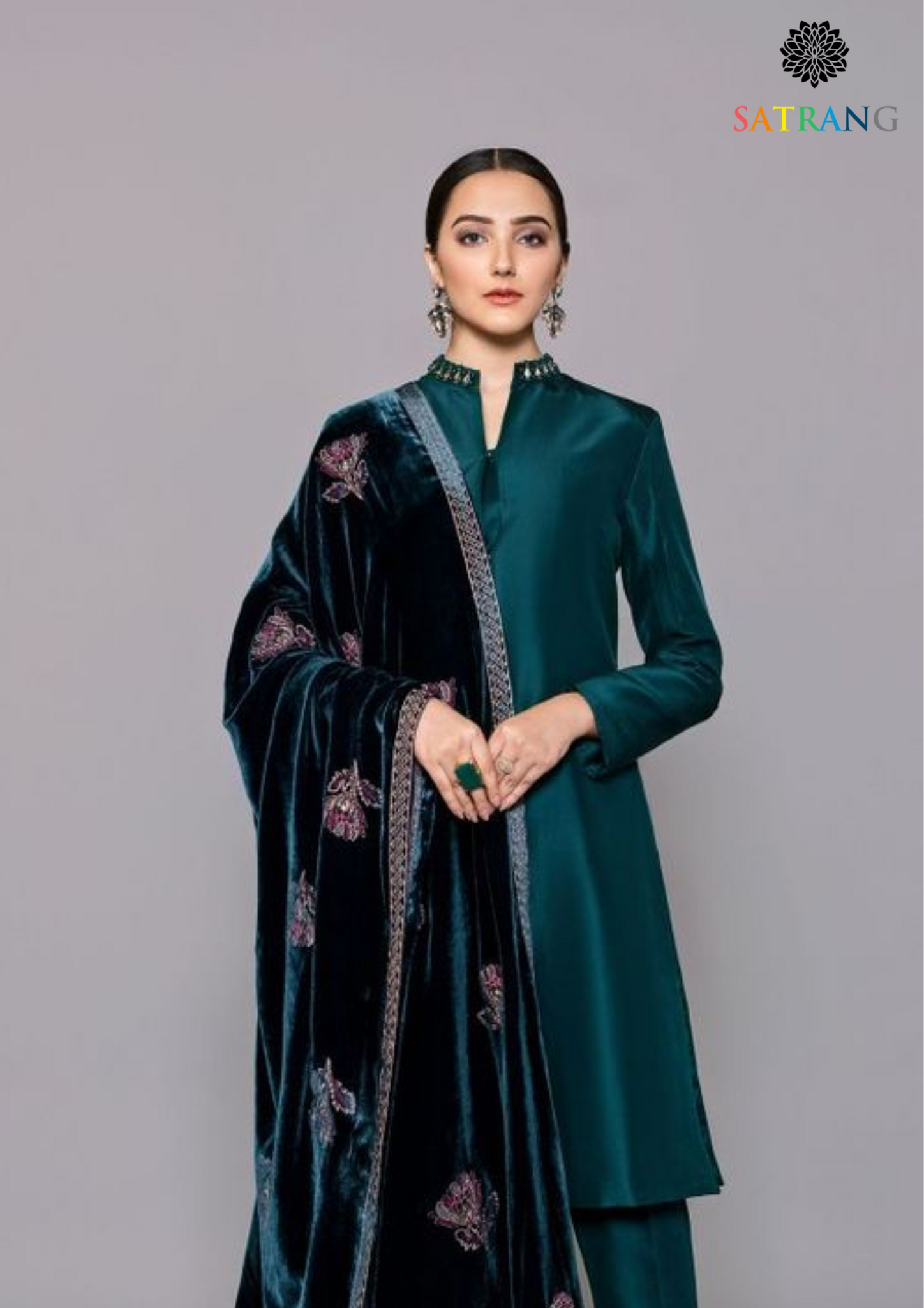 Winter Unstitched 3PCs Shamoz Silk Dress With Heavy Embroidered Velvet Shawl SR-507