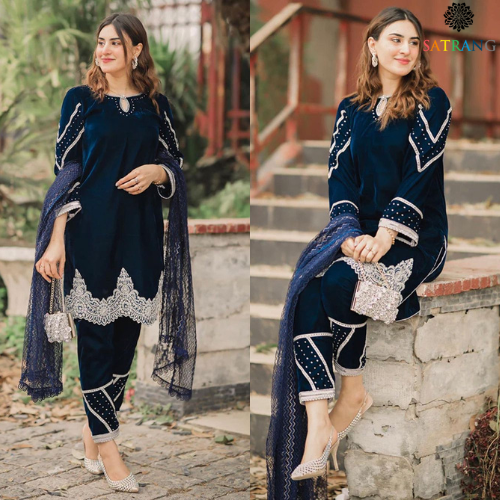 Winter Unstitched 3PCs Embroidered Velvet Dress With Organza Dupatta S satrangpk