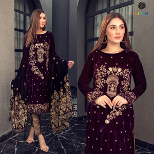 Winter Unstitched 3PCs Velvet Heavy Embroidered Shirt With Heavy Embroidered Shawl SR-956